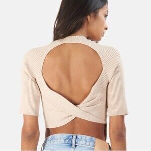 NAADAM Open Back Sweater Top Large Neutral Beige Silk Cashmere Cropped Ribbed